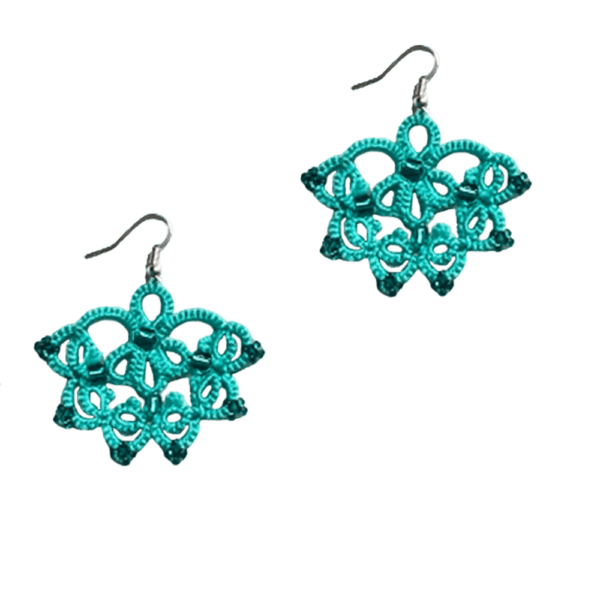 گوشواره آویز دست ساز گیپوربافی طرح اسلیمی ختایی نقش سنتی ایرانی سبز آبی